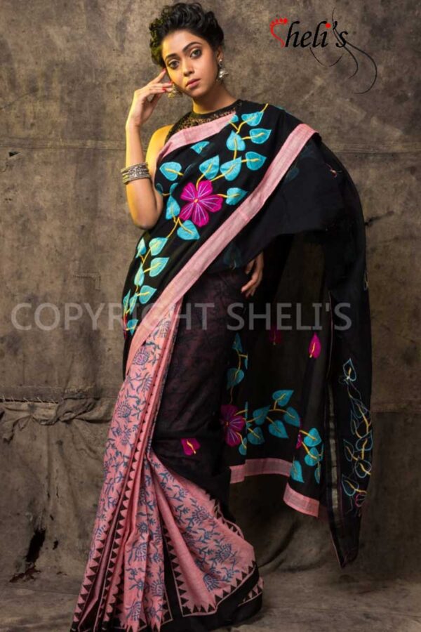 Applique & Block Print Cotton Saree