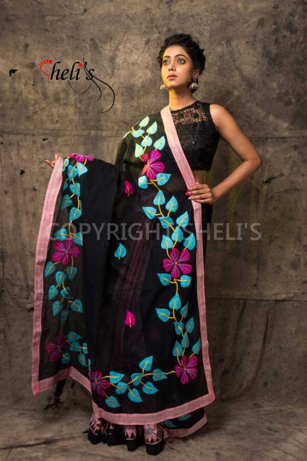 Applique & Block Print Cotton Saree - Image 3