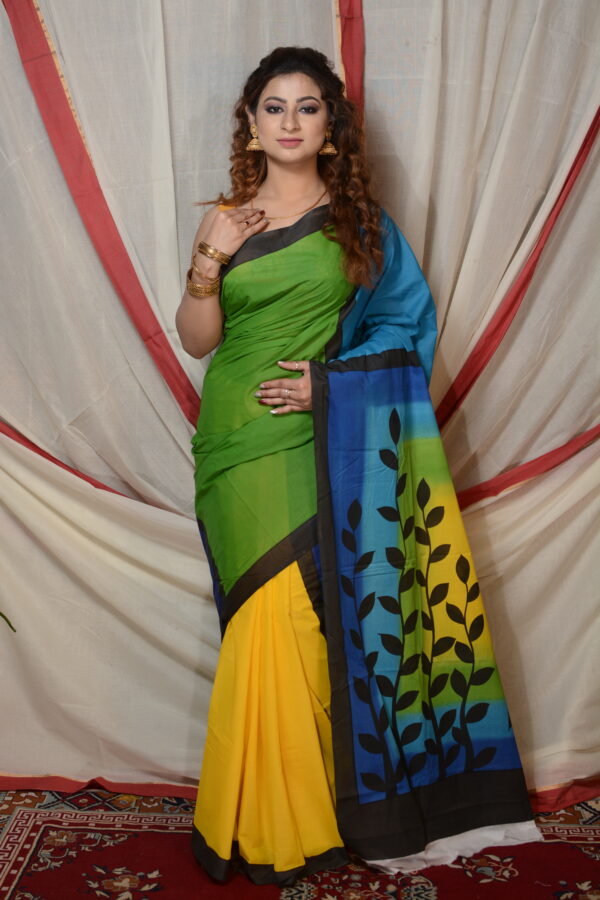 Shelis Hand-Painted Cotton Saree with Intricate Leaf Design - Image 3