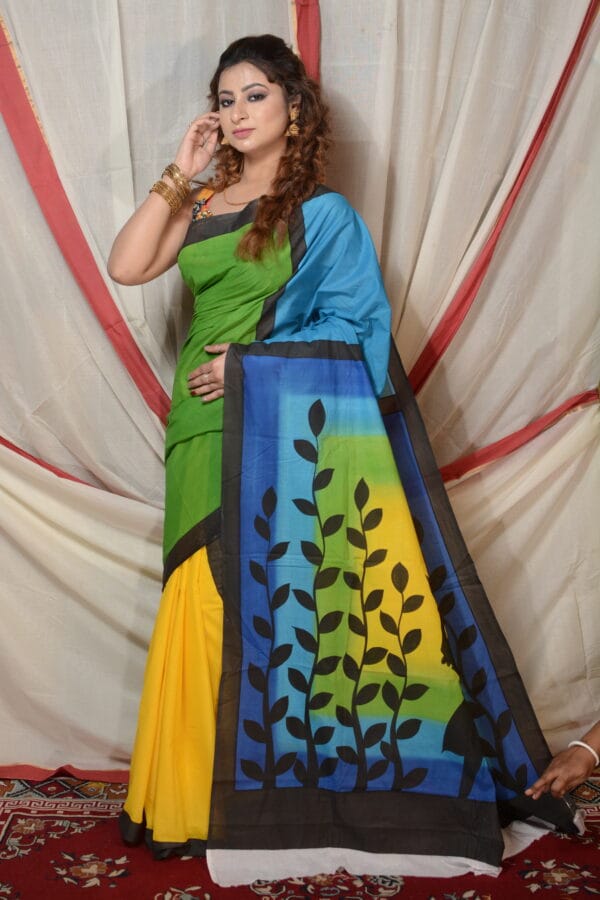 Shelis Hand-Painted Cotton Saree with Intricate Leaf Design