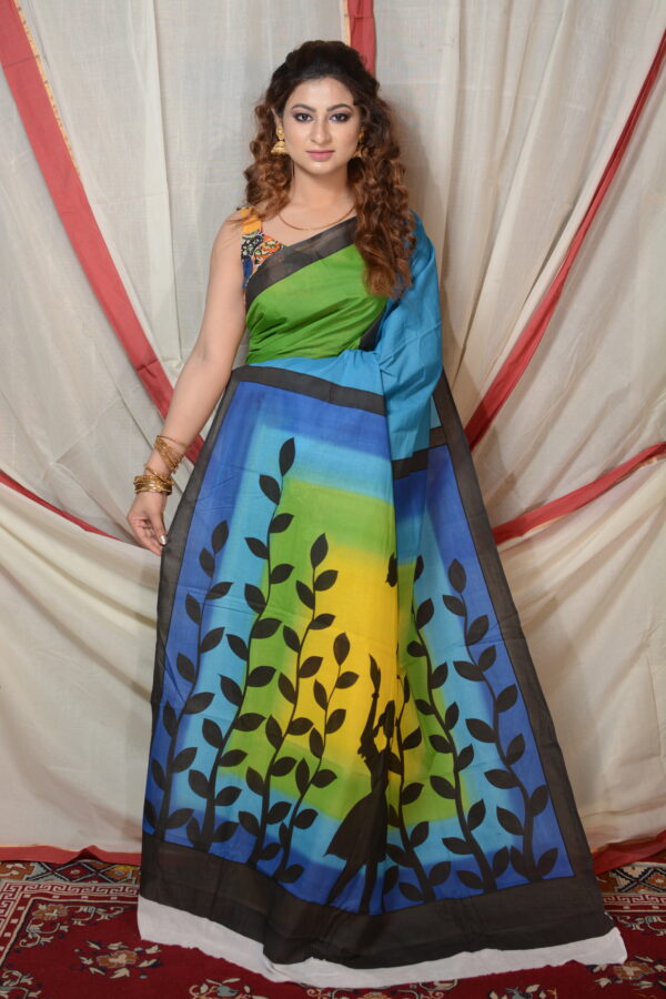 Shelis Hand-Painted Cotton Saree with Intricate Leaf Design - Image 2