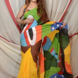 Shelis Hand-Painted Cotton Saree with Abstract Art
