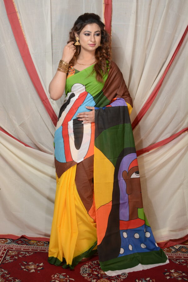 Shelis Hand-Painted Cotton Saree with Abstract Art