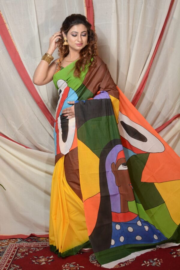 Shelis Hand-Painted Cotton Saree with Abstract Art - Image 4