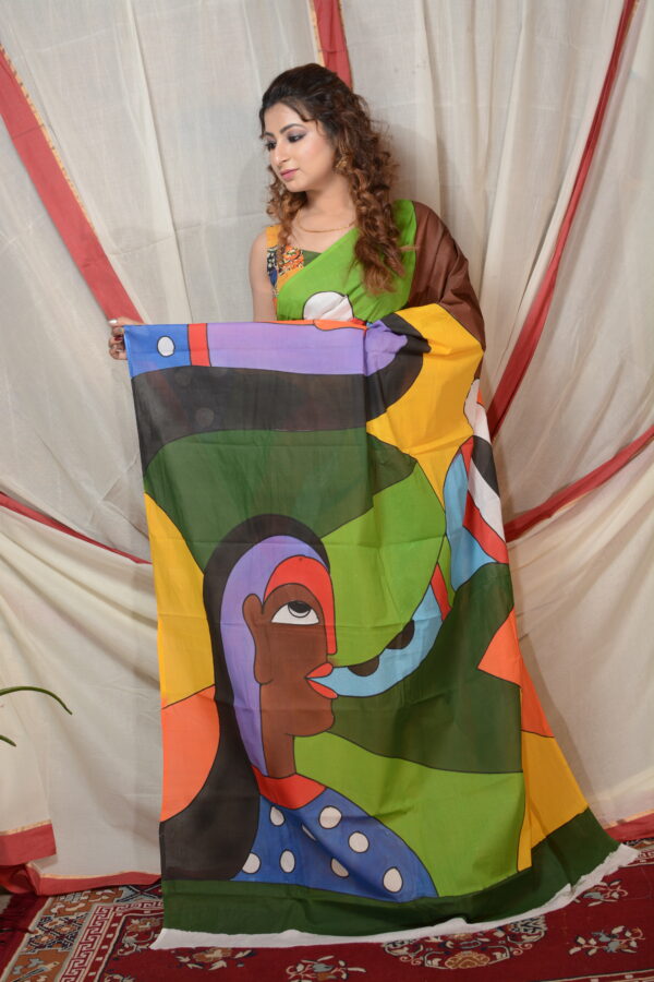 Shelis Hand-Painted Cotton Saree with Abstract Art - Image 3