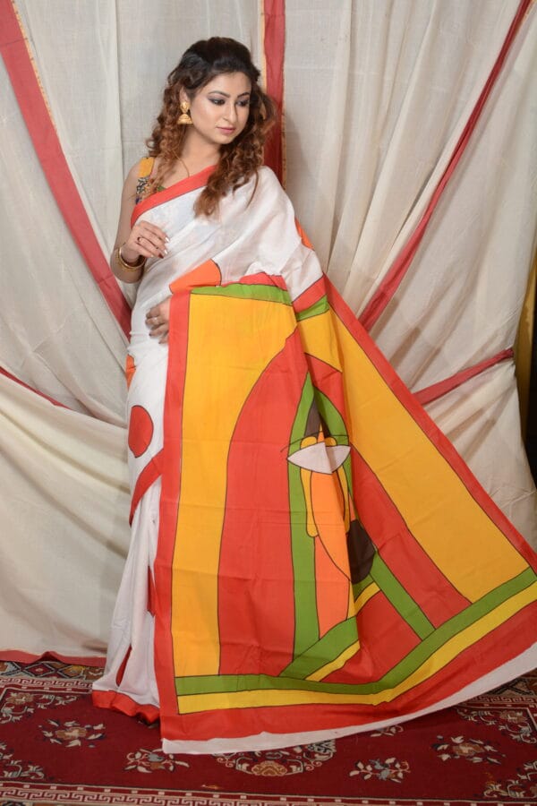 Shelis Hand-Painted Cotton Saree with Traditional Bengali Art - Image 3