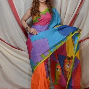 Shelis Hand-Painted Cotton Saree with Vibrant Abstract Design