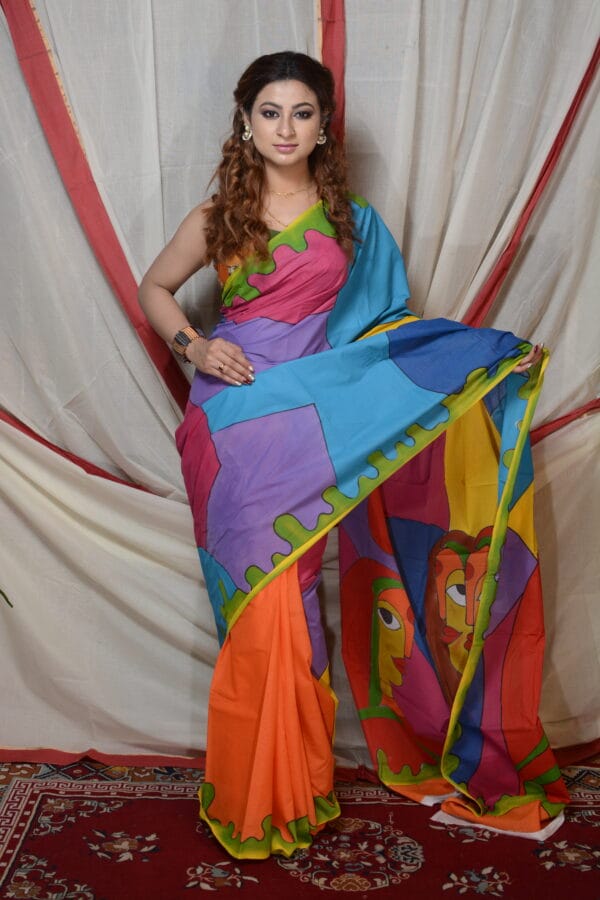 Shelis Hand-Painted Cotton Saree with Vibrant Abstract Design - Image 2