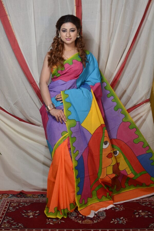 Shelis Hand-Painted Cotton Saree with Vibrant Abstract Design