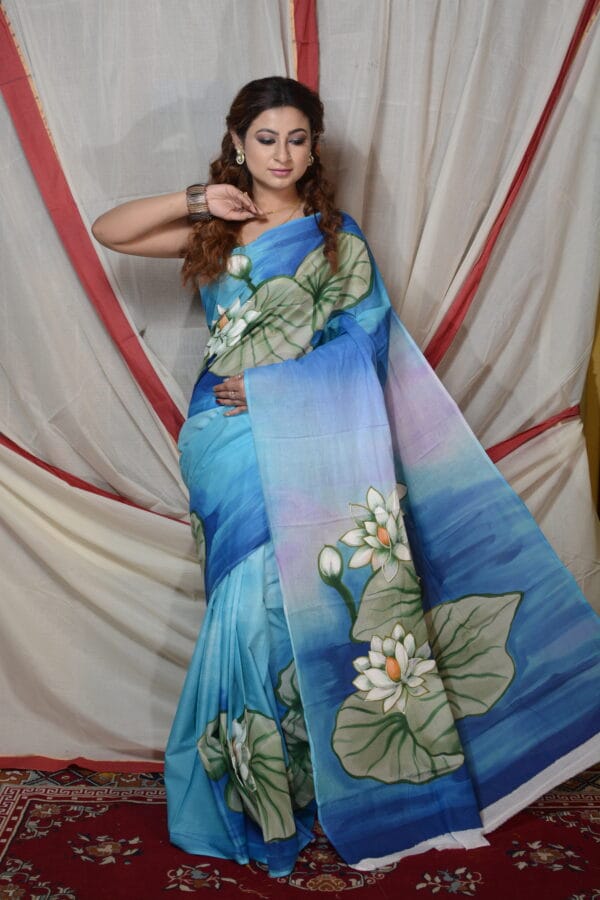 Shelis Handpainted Bengal Cotton Saree with Lotus Design - Image 3