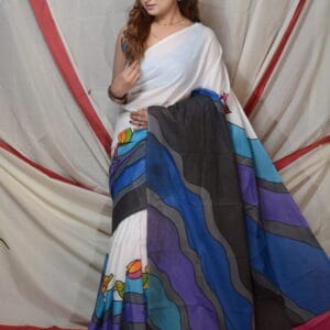 Shelis Hand Painted White & Cotton Saree With Floral Motifs
