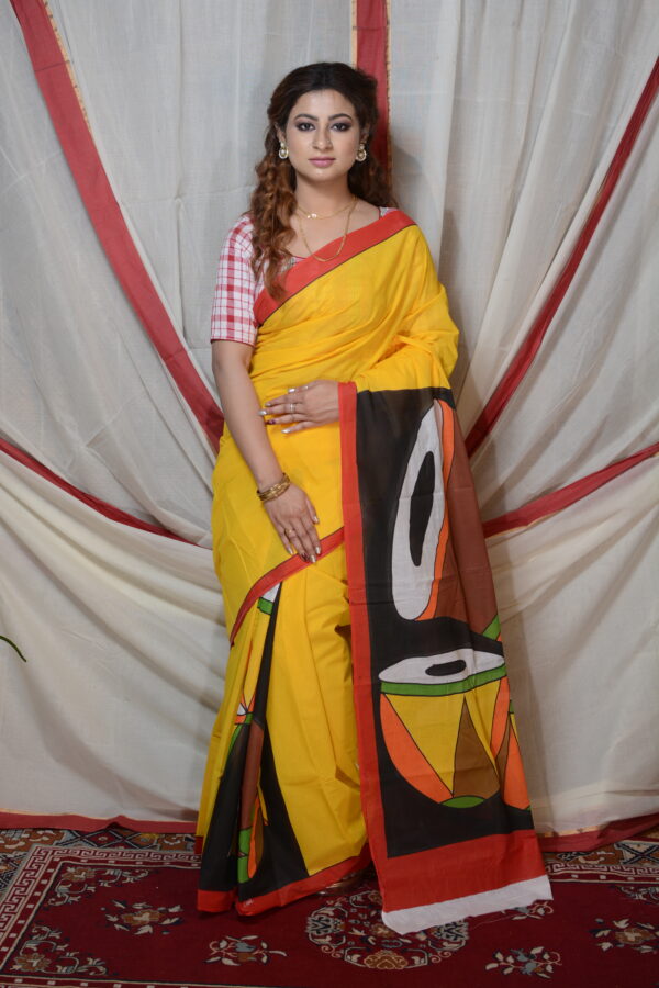 Shelis Hand Paint Bengal Tat Saree: Authentic Bengali design saree made from pure cotton, perfect for summer. Get yours today and embrace the beauty of Indian ethnic wear.