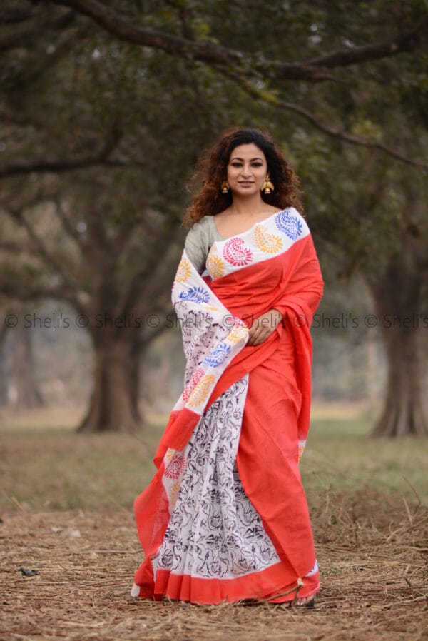 Shelis Hand Block Printed Cotton Saree in White and Red with Floral and Paisley Motifs