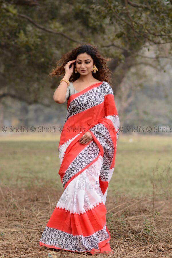 Hand Block Printed Cotton Mulmul Saree