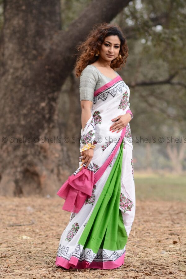 Hand Block Printed Mulmul Cotton Saree - Image 3