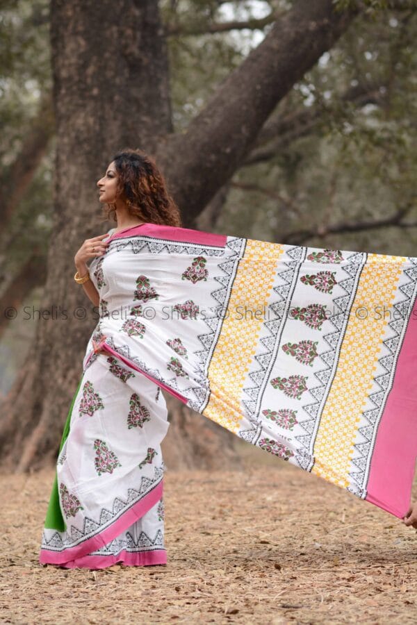 Hand Block Printed Mulmul Cotton Saree - Image 2