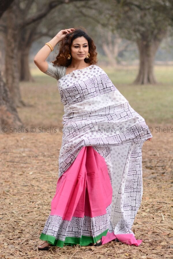 Shelis hand Block Print Cotton Mulmul Saree