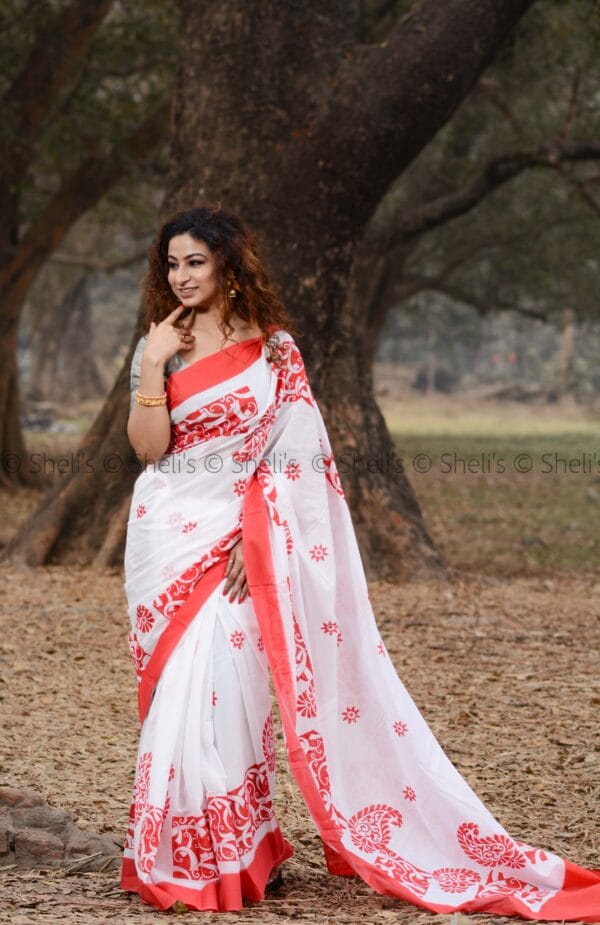 Shelis Hand Block printed cotton Mulmul saree