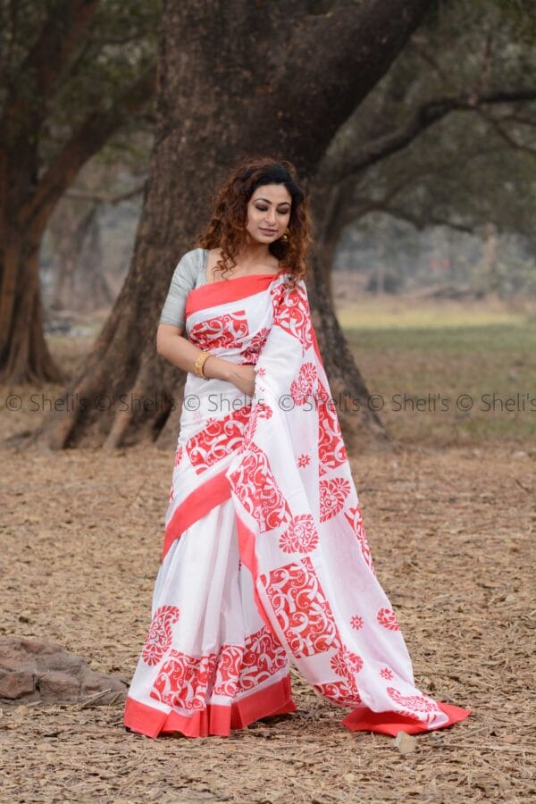 Shelis Hand Block printed cotton Mulmul saree - Image 3