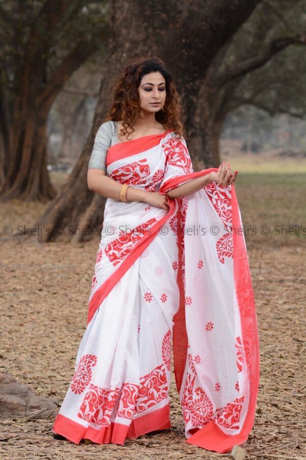 Shelis Hand Block printed cotton Mulmul saree - Image 2