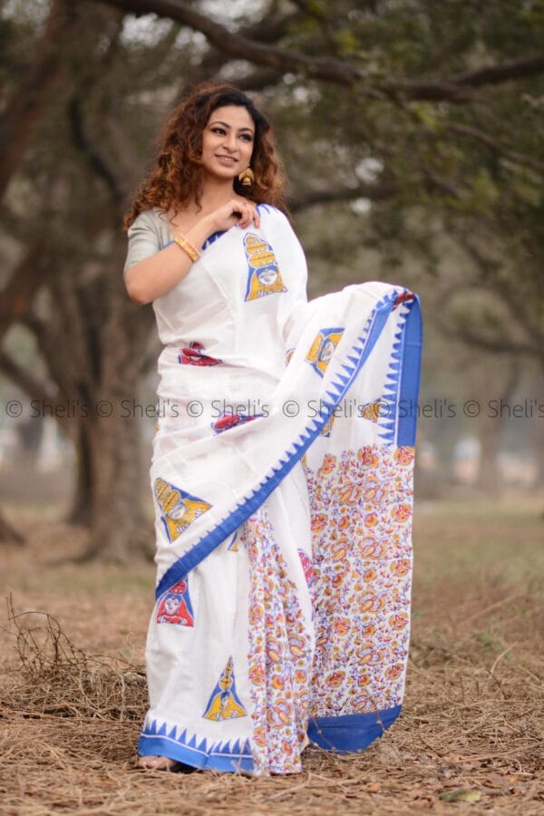 Hand Block Print Cotton Mulmul saree - Image 2