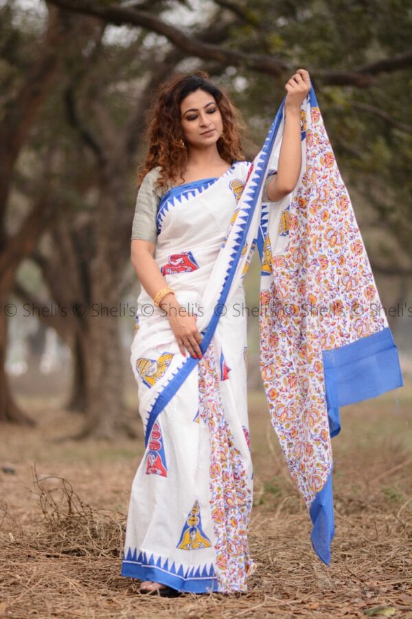 Hand Block Print Cotton Mulmul saree - Image 3