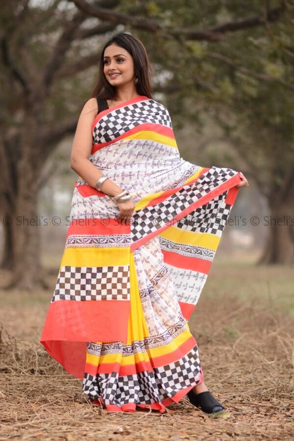 Hand Block printed Cotton Mulmul saree