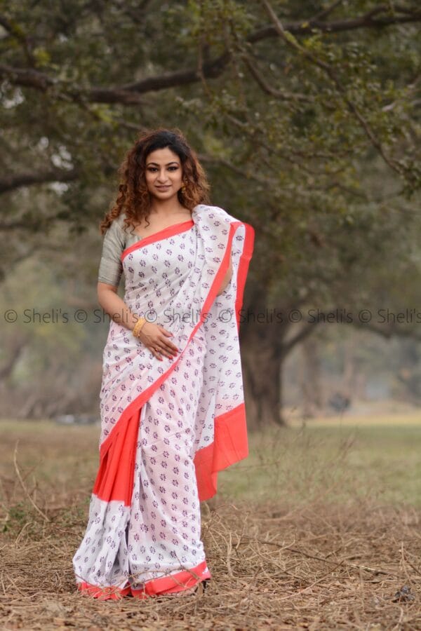 Shelis Hand Block print cotton mulmul saree - Image 3