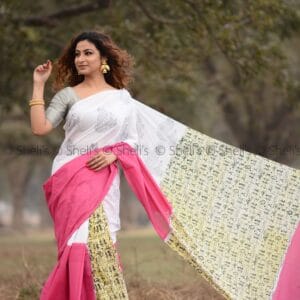 Shelis Hand Block Printed Cotton Saree – White, Pink & Yellow