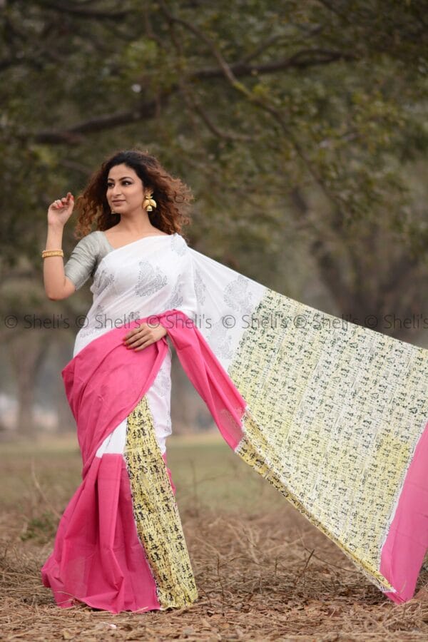 Shelis Hand Block Printed Cotton Saree - White, Pink & Yellow - Image 2