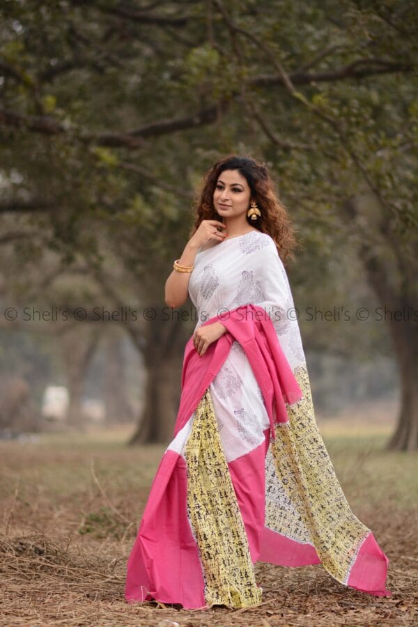 Shelis Hand Block Printed Cotton Saree - White, Pink & Yellow