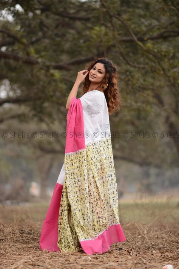 Shelis Hand Block Printed Cotton Saree - White, Pink & Yellow - Image 3