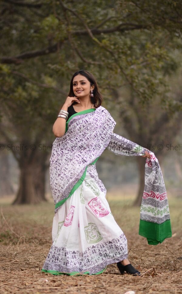 Shelis Hand Block Printed Cotton Saree in White with Green & Pink Motifs - Image 2