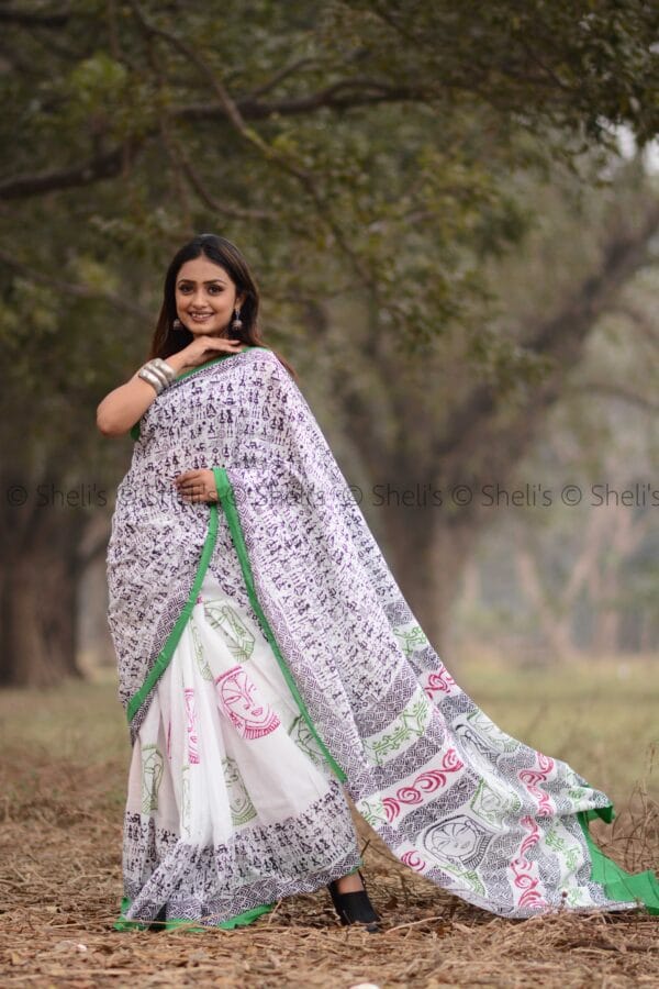 Shelis Hand Block Printed Cotton Saree in White with Green & Pink Motifs