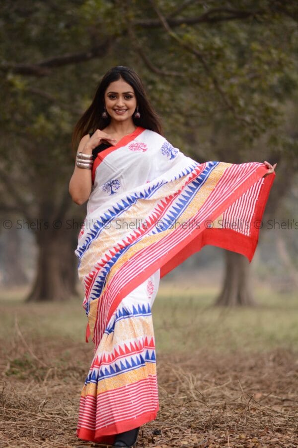 Shelis Hand Block printed Cotton Mulmul saree