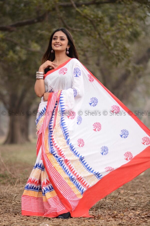 Shelis Hand Block printed Cotton Mulmul saree - Image 2