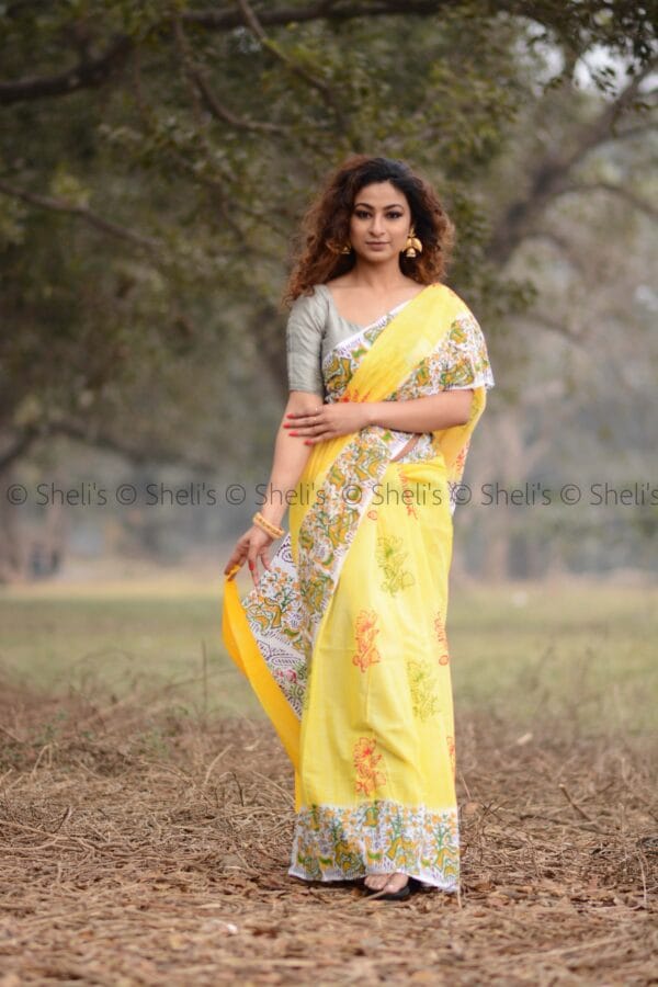 Shelis Hand Block Printed Cotton Mulmul Saree - Image 3