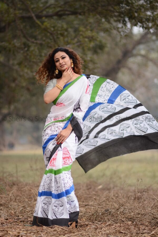 Hand Block Printed Cotton Saree - White with Multicolor Stripes - Image 4