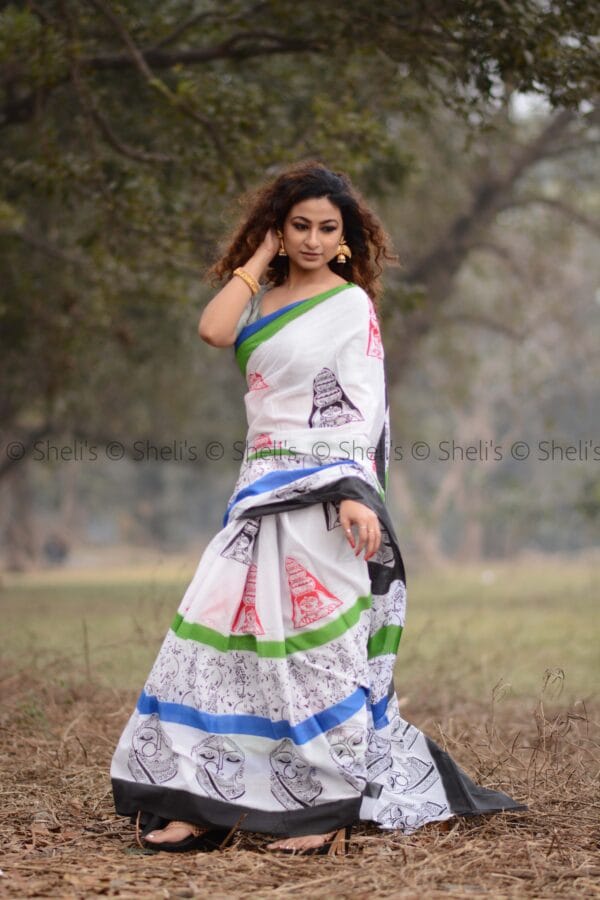 Hand Block Printed Cotton Saree - White with Multicolor Stripes - Image 2