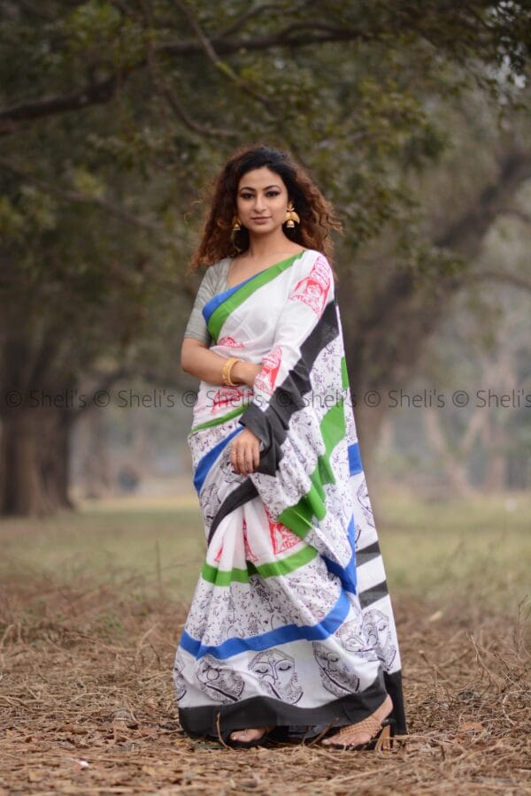 Hand Block Printed Cotton Saree - White with Multicolor Stripes