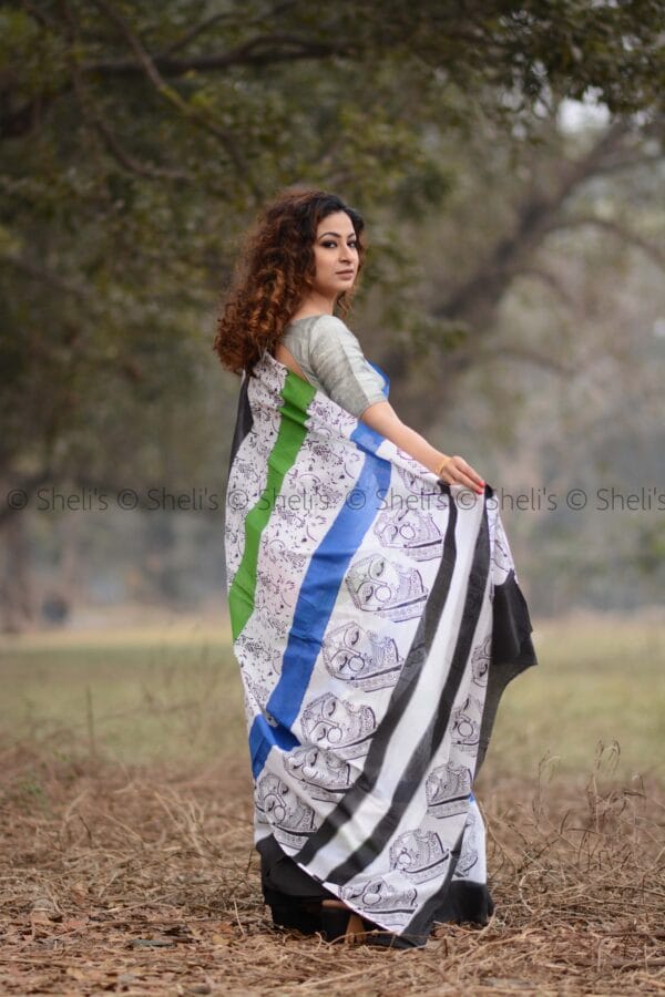 Hand Block Printed Cotton Saree - White with Multicolor Stripes - Image 3