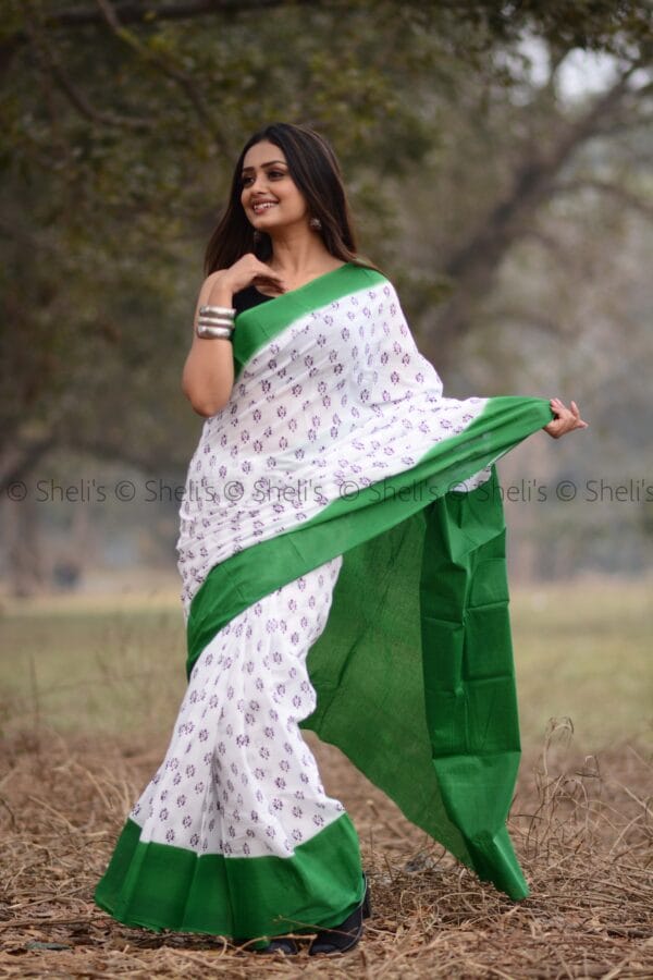 Shelis Hand Block Print Cotton Saree with Green Border