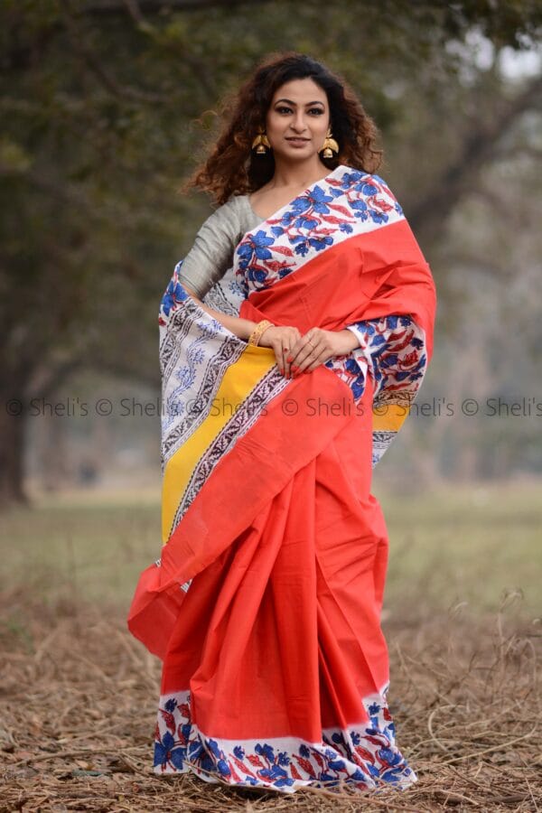 Shelis  Hand Block Printed Cotton Saree in Red with White and Blue Floral Motifs