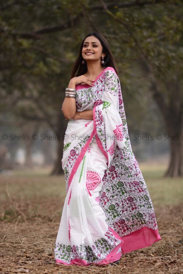 Shelis Hand Block Printed Cotton Saree in White with Pink Border