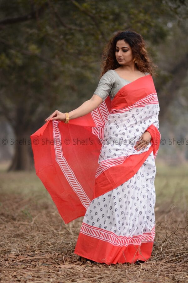 Shelis Hand Block Printed White Cotton Saree with Red Border