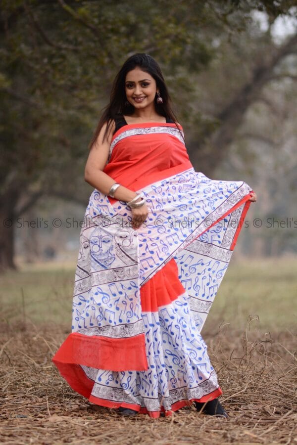 Shelis Hand Block Printed Cotton Saree with Musical Notes and Floral Motifs