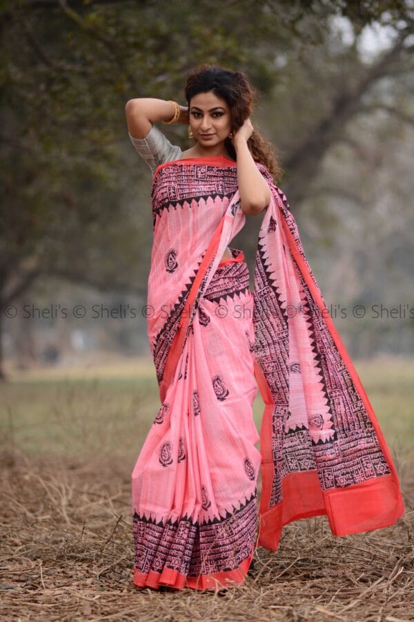 Shelis Hand Block Printed Cotton Saree in Pink with Black Border - Image 2