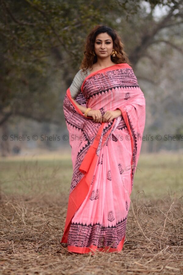 Shelis Hand Block Printed Cotton Saree in Pink with Black Border