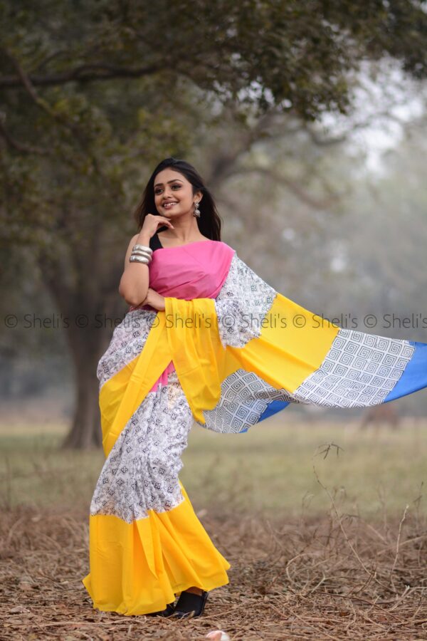 Shelis Hand Block Printed Cotton Saree in Vibrant Colors - Image 2