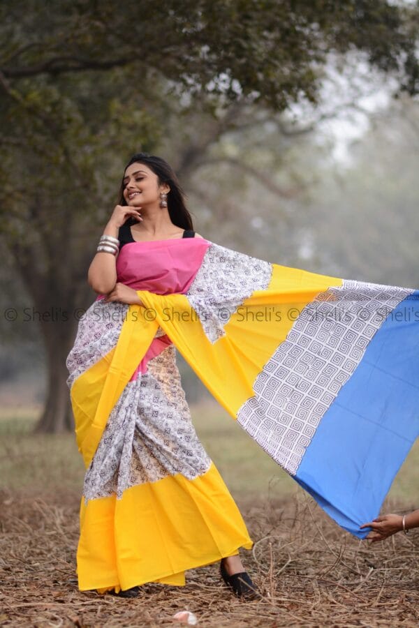 Shelis Hand Block Printed Cotton Saree in Vibrant Colors